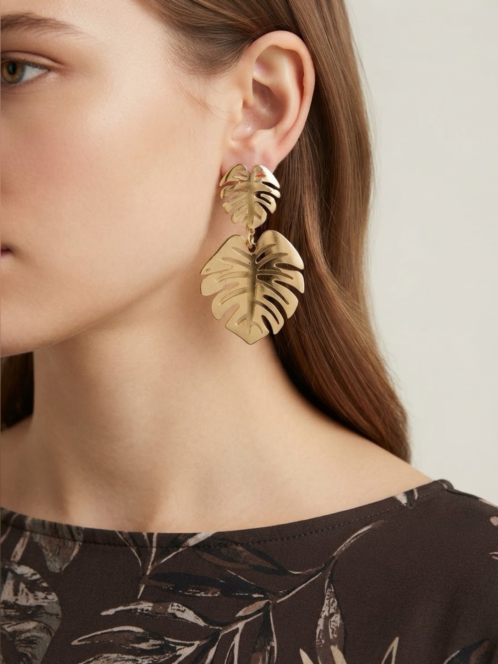 Gold Monstera Leaf Statement Earrings | Tropical Boho Double Leaf Dangles
